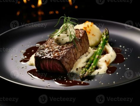 Steak with asparagus and mashed potatoes on plate in restaurant Steak With Mashed Potatoes Plating, How To Plate Steak And Mashed Potatoes, Restaurant Food Plating, Gourmet Recipes Fancy Steak, Filet Mignon Plating, Steak Plates Ideas, How To Plate Food, Beef Steak Plating, Steak Plating Presentation