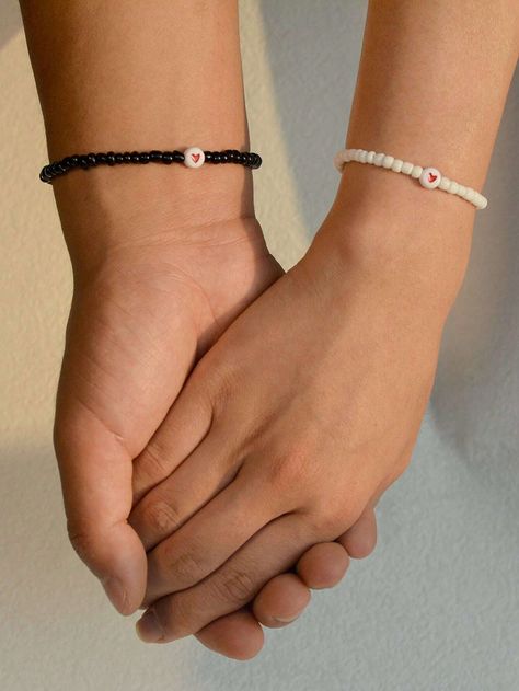 2pcs/Set Cute & Simple Heart Beaded Bracelets, Glass Seed Bead Handmade Bracelets, Suitable For Couples, Best Friends, Elastic Wristband, Beautiful Jewelry Gift Black+White    Glass     Women Fashion Jewelry, size features are:Bust: ,Length: ,Sleeve Length: Matching Boyfriend Girlfriend Bracelets, Couple’s Bracelets, Love Bracelets Couples, Couples Bracelets Beads, Couples Beaded Bracelets, Couple Beads Bracelets, Cute Matching Bracelets For Couples, Couples Bracelets Diy, Homemade Bracelets With Beads