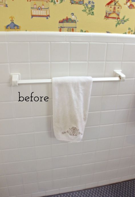 Towel bar before Decorate Towel Rack Bathroom, Bathroom Border Ideas, Multiple Towel Bars In Bathroom, Shelf To Cover Towel Bar, Towel Bars For Small Bathrooms, Towel Bar Styling, Shelf Over Towel Bar, Towel Rack In Small Bathroom, Bathroom Towel Rod Placement