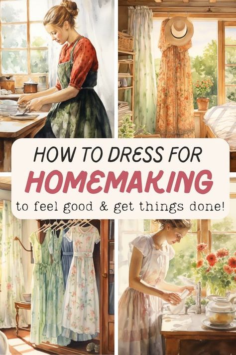 As a stay-at-home mom or homemaker, it’s easy to fall into the trap of wearing the same old sweatpants and t-shirt every day, especially when there’s no one to impress. However, have you ever considered the power of dressing for success in homemaking? How you dress can profoundly impact your mindset, energy, and productivity levels throughout the day. Stay At Home Mom Dresses, House Cleaning Outfit, Feminine Homemaker Outfits, Homemaker Dresses, Housework Outfit, Tradwives Outfits, Homesteading Outfits, Homemaker Outfit, Homemaking Aesthetic