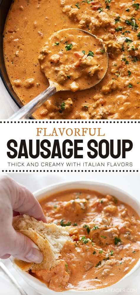 Soup Recipes Thick, Dinner When Its Cold Outside, Five Star Meals, Creamy Potato Soup With Italian Sausage, Creamy Sausage Soup, Smoked Sausage Soup, Chili Ideas, Ground Sausage Recipes, Winter Soup Recipes