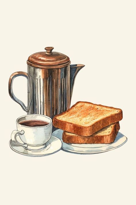 Coffee And Toast, One Bridesmaid, Coffee Artwork, Food Sketch, Food Clipart, Food Illustration Art, Coffee Drawing, Watercolor Food, Coffee Illustration