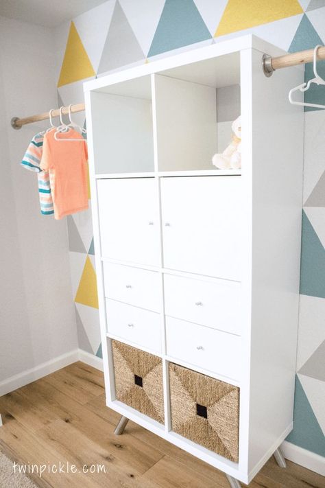 Twin boys’ custom closet — an IKEA KALLAX hack | IKEA Hackers | Bloglovin’ Kallax Closet, Ikea Beds, Kallax Ideas, Ikea Closet Hack, Ikea Hack Storage, Ikea 2015, Diy Custom Closet, Closet Ikea, Kallax Hack