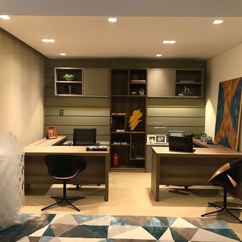 Home Office Extra Storage, Dual Home Office Design, Home Office Front And Back Desk, Office Interior Design 2 Desk, Office Layout 2 Desks, Trending Office Decor, 2 Desks Home Office, Small Office Design Interior 2 Desk, 3 Desk Office Layout Ideas