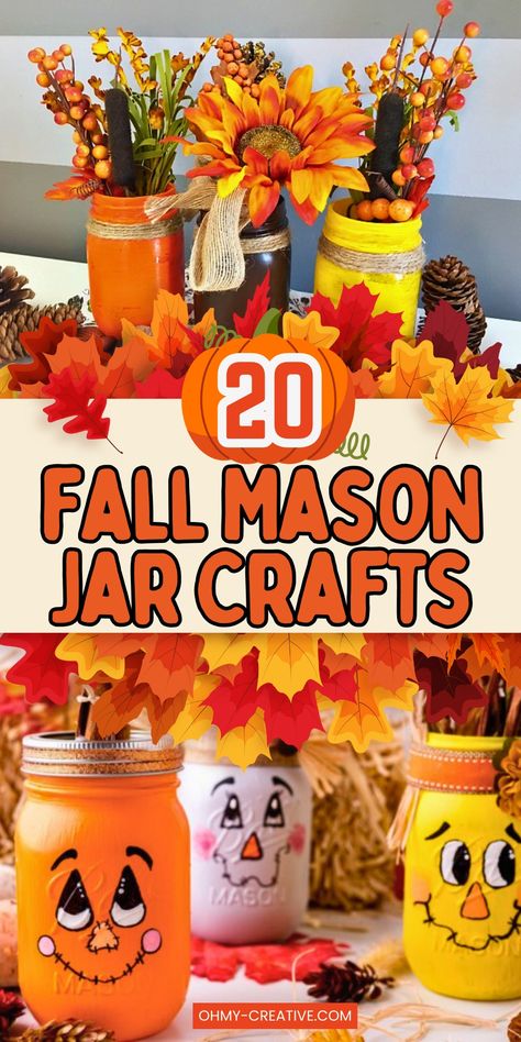 Fall Mason Jar Crafts You Can Easily Make at Home! - Oh My Creative Thanksgiving Jars Ideas, Mason Jar Turkey Craft, Mason Jar Crafts For Adults, Candy Corn Mason Jar, Mason Jar Fall Crafts Diy, Glass Jar Pumpkin Craft, Scarecrow Jar Craft, Mason Jar Crafts For Fall, Autumn Mason Jar Crafts