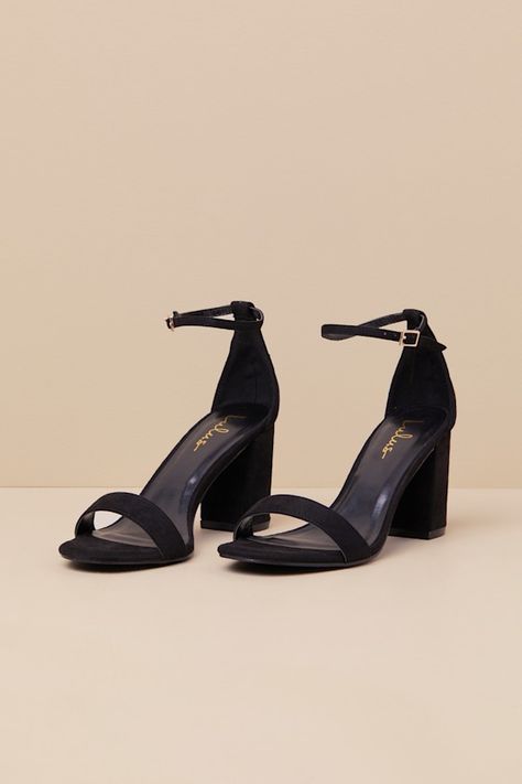 You're certain to step up your style essentials when you add the Lulus Arylee Black Suede Ankle Strap Heels to your closet! Soft faux suede shapes a single toe strap, an almond-shaped toe bed, and a wrapped block heel. A dainty ankle strap rises from the sturdy heel cup and secures with a gold buckle. 3" wrapped block heel. Cushioned insole. Felted rubber sole has nonskid markings. All Man Made Materials. Imported. Lulus | Arylee Black Suede Ankle Strap Heels | Size 11. Bridesmaids Shoes Black, Shoe Inspo Heels, Black Heels Block, Black Homecoming Heels, Heels For Black Dress, Thrift Heels, Heels Classy Elegant Black, Open Toe Heels Outfit, Black Heels Wedding