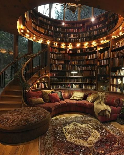 In House Library Aesthetic, Home Library Mansion, Library At Home Aesthetic, Secret Door To Library, Library In Home Aesthetic, Small Library Ideas For Home, Cabin Library Aesthetic, Cute Small Library, Round Library Room