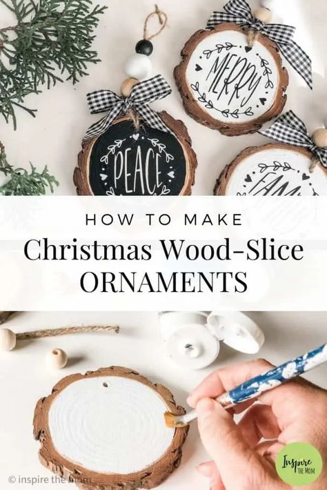 How to Make Christmas Wood Slice Ornaments - Christmas Wood Slice Ornaments, Making Ornaments, Wood Slice Ornaments, Christmas Gift For Mom, Wood Slice Ornament, Wood Christmas Ornaments, Wooden Christmas Ornaments, Gift Basket Ideas, Christmas Gift Basket