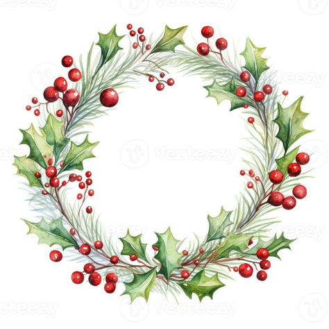 Christmas wreath of red berries and leaves. Watercolor illustration Wreath Background, Christmas Wreath Drawing, Christmas Wreath Painting, Christmas Wreath Illustration, Hand Drawn Christmas Cards, Christmas Stock Photos, Wreath Illustration, Wreath Drawing, Circle Frames