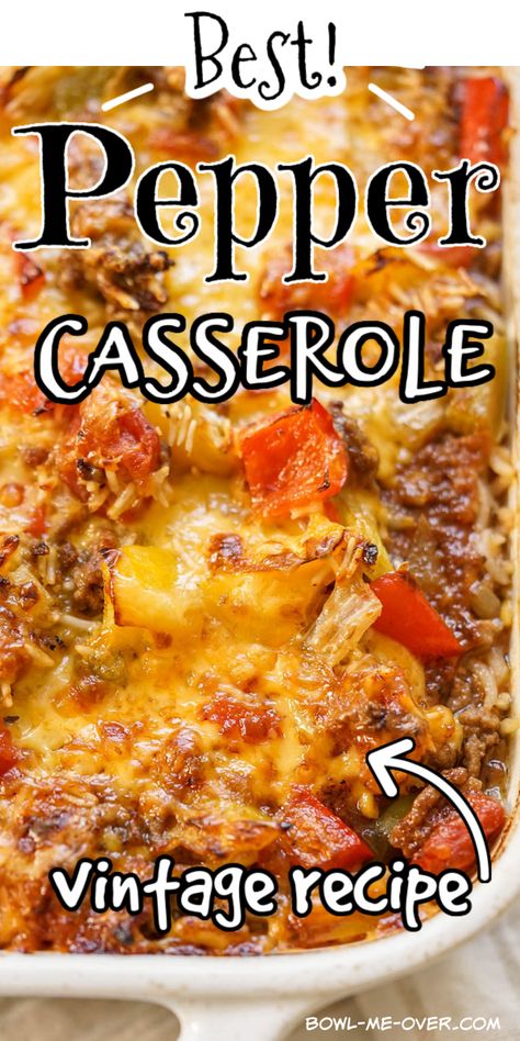 Stuffed Bell Pepper Casserole - Skip all of the fussy prep and with ground beef is loaded with cheese and vegetables. It's cheesy, beefy, stuffed with veggies and it's one hearty delicious (un)stuffed hot dish that takes little work and has tons of flavor!  #bowlmeover #stuffedpeppers #bellpeppercasserole #hotdish #casserole Stuffed Bell Pepper Casserole, Bell Pepper Casserole, Green Pepper Recipes, Stuffed Bell Pepper, Pepper Casserole, Desserts Thanksgiving, Stuffed Pepper Casserole, Dinner Thanksgiving, Stuffed Pepper