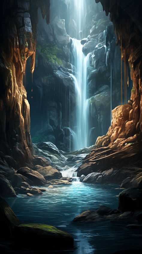 a realistic photo of a pit cave with waterfall Cave With Waterfall, Hidden Cave Behind Waterfall, Beautiful Caves Nature, Waterfall Cave Fantasy Art, Dragon Cave Art, Caves Fantasy Art, Fantasy Cave Entrance, Crystal Cave Fantasy Art, Fantasy Cave Art