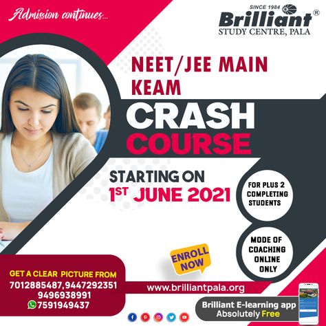 CRASH 2021 – NEET 2021 / JEE MAIN / KEAM 2021 Get a clear picture from : 7012885487, 9447292351, 9496938991, 7591949437 Apply Now : https://brilliantpala.org/crash-course/crash-2021/ #crashcourse #crash #NEET #JEE2021 #CEE #kerala #EngineeringEntranceCoaching #EntranceCoachingCentres #BrilliantStudyCentre #BrilliantPala Coaching Poster, Jee Main, Medical Engineering, Student Picture, Iit Jee, Rollup Banner, Board Exam, Kerala India, Coach Me