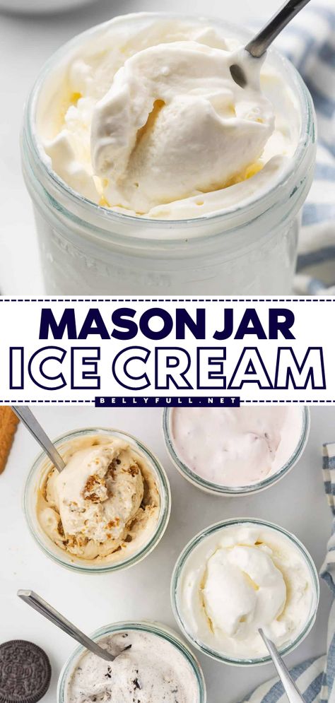 No special appliance needed to make Mason Jar Ice Cream – just a mason jar, 4 simple ingredients, and 5 minutes of prep! Customize it with optional mix-ins for a different flavor every time. It’s such an easy and delicious treat to enjoy in the summer or anytime. Jar Ice Cream Mason, Homemade Ice Cream In A Mason Jar, How To Make Ice Cream In A Mason Jar, Ice Cream In A Jar For Kids, Ice Cream Recipes Mason Jar, Diy Easy Ice Cream, Ice Cream In A Mason Jar Recipe, Ice Cream In A Jar Recipe, Ice Cream In A Blender Recipes