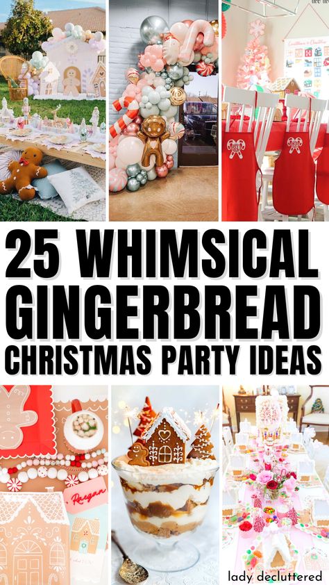 25 Whimsical Gingerbread Christmas Party Ideas Gingerbread Party Table Decorations, Gingerbread Party Ideas For Adults, Gingerbread House Tea Party, Gingerbread Man Christmas Party Theme, Girls Gingerbread Decorating Party, Hosting A Gingerbread Decorating Party, Gingerbread Man Party Decorations, Gingerbread House Contest Awards, Gingerbread Competition Party