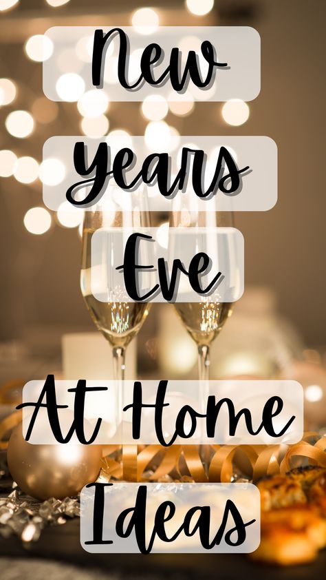 a gold background with twinkly lights and gold christmas balls and ribbon on the table with two champagne glasses. There is black font with white background that says new years eve at home ideas Nye At Home Couples Ideas, New Years Napkin Folding, Nye At Home Couples, At Home Ideas For Couples, Home Ideas For Couples, At Home Party Ideas, New Years Eve At Home, Nye Party Food, Nye Traditions