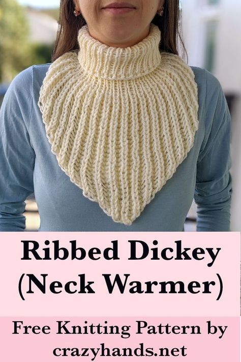 Learn how to knit a female-style ribbed dickey that acts as an alternative to a classic scarf, can be put on quickly, and keeps you warm during the winter. #knitdickey #knitribbeddickey #knitneckwarmer #knitribbedneckwarmer #knitscarf #knitribbedscarf #knittingpattern #knitpattern #knitting #knit #howtoknit Knit Dickey Pattern, Knitting Gloves, Winter Knitting Patterns, Cowl Patterns, Free Knitting Patterns For Women, Knitting Scarf, Knitting For Charity, Crochet Neck Warmer, Ribbed Scarf