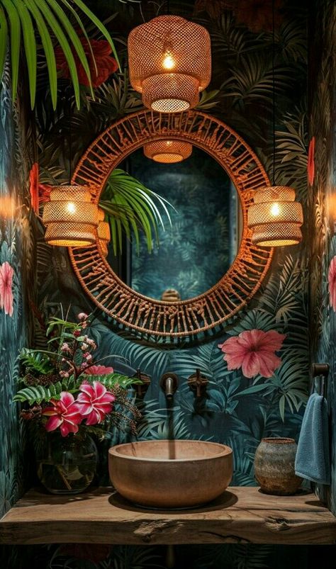 Chic Powder Room, Jungle Bathroom, Toilet Restaurant, Powder Room Wallpaper, Tropical Bathroom, Chic Wallpaper, Downstairs Toilet, Tiki Room, Toilet Design