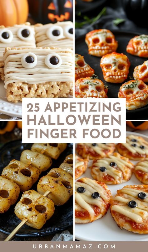 Looking for appetizing Halloween finger food? Check out this ultimate list of 25 Halloween finger food ideas to wow your guests! Halloween Appies Snacks, Halloween Hot Dog Fingers, Finger Foods Halloween Party, Halloween Tailgate Food, Halloween Theme Food Ideas, Halloween Treats Savory, Halloween Veggie Ideas, Halloween Appetizers Easy Party Ideas, Cute Halloween Appetizers