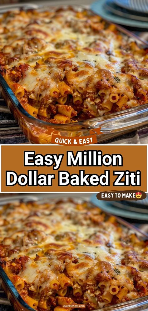 Classic Italian comfort food, Million Dollar Baked Ziti, recipe similar to lasagna & effortless to make. Great family weeknight dinner. Best Baked Ziti Recipe, Easy Baked Ziti, Ziti Recipes, Baked Ziti Recipe, Baked Pasta Recipes, Beef Casserole Recipes, Favorite Recipes Dinner, Pasta Dinners, Pasta Dinner Recipes