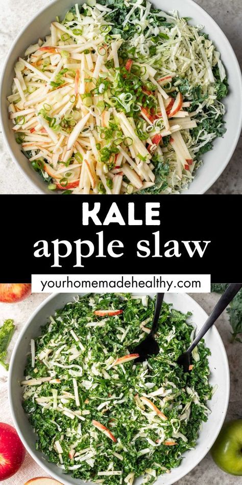 Kale, apples, and green onions in a mixing bowl to create kale apple slaw. Apple Cider Dressing, Kale Apple Salad, Healthy Family Dinner Recipes, Pasta And Chicken, Homemade Slaw, Kale Slaw, Shaved Brussel Sprouts, Healthy Family Dinner, Dinner Recipes Healthy Family