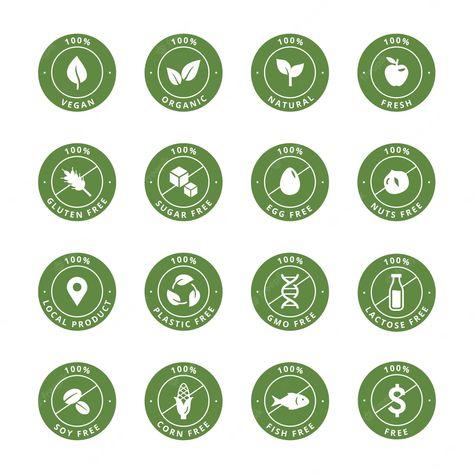 Premium Vector | Vector product 100 icons organic natural vegan products labels sugar egg and lactose free tag gluten nuts and fish free allergy tags vector set Vegan Branding, Nature Logo Design, Vegan Design, Free Tag, Peanut Allergy, Vegan Products, Sugar Eggs, Gluten Free Sugar Free, Vegan Brands