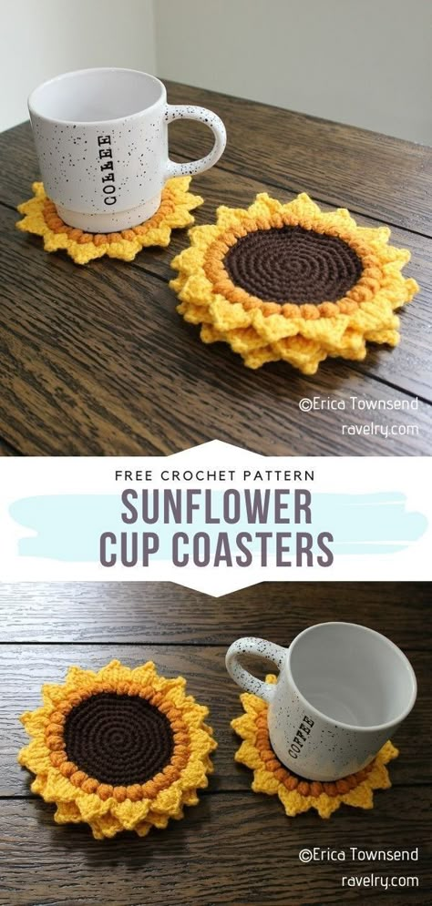 Sunflower Cup Coasters Crochet, Sunflower Cup Coasters, Crochet Amigurumi Sunflower Pattern Free, Sunflower Coasters Crochet Free Pattern, Sunflower Potholder, Sunflower Cup, Sunflower Coasters, Cup Cozies, Crochet Coasters Free Pattern