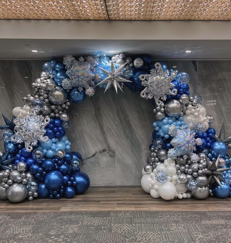 Winter Wonderland Balloon Arch and Garland by Capri & Eros Occasions Houston Christmas Theme Balloon Arch, Winter Formal Themes Ideas, Icy Party Theme, Winter Wonderland Ball Decorations, Winter Wonderland Corporate Event, Winter Ballon Arch, Balloon Arch Winter Wonderland, Winter Wonderland Balloon Backdrop, Winter Balloon Decorations