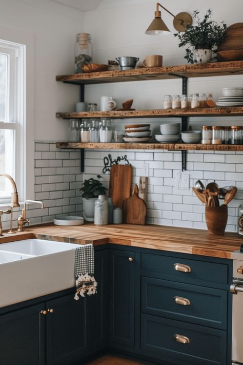 Blue Kitchen Cabinets With Butcher Block Countertops, Butcher Block Navy Cabinets, Small Kitchen Island With Butcher Block Top, Navy Blue Cabinets With Butcher Block, Blue Cabinets Butcher Block Countertops, Dark Navy Blue Cabinets Kitchen, Dark Blue Cupboards Kitchen, Home Decor Ideas Navy Blue, Navy Kitchen Cabinets With Butcher Block