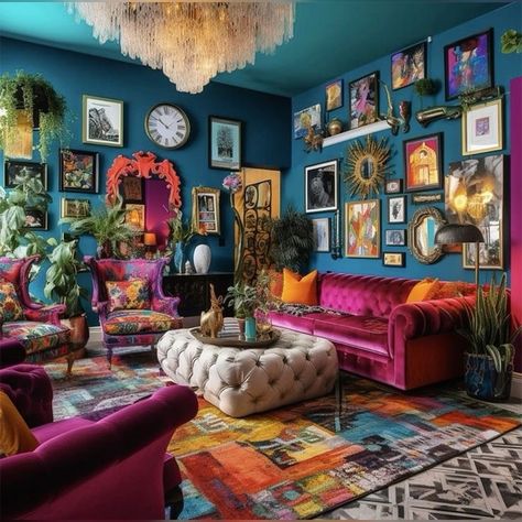 Maximalist style 😍 White Maximalist Living Room, Navy Maximalist Living Room, Accent Wall Maximalist, Maximalist Style Home, Elegant Maximalist Decor, Maximalist On A Budget, Maximalist Interior Design Living Room, Maximalist Small Living Room, Maximalist Decor Small Spaces Living Room