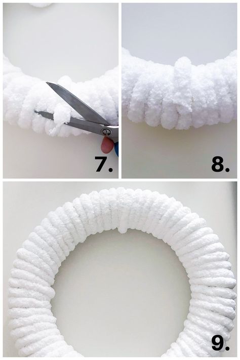 Want to add the look of snow to your front door or wall? This DIY plush chunky yarn Christmas wreath is easy to make and give you a sense of having a puff of snow on your door. It even has the feel of a frosty velvet wreath! This tutorial will show you how to make a DIY plush chunky yarn Christmas wreath. #myweeabode #christmaswreath #plushyarn #velvet Diy Wreaths For Front Door Christmas How To Make, Yarn Wreaths Christmas, White Yarn Wreath, Chunky Yarn Wreath Diy Christmas, Simple Diy Christmas Wreaths, Yarn Christmas Wreath Diy, Yarn Wreaths For Front Door, White Christmas Wreaths Diy, Flocked Christmas Wreath Ideas