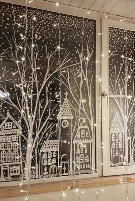 30 Cute Christmas Window Painting Ideas - Nikki's Plate Christmas Front Window Decorating Ideas, Window Decor Christmas Outdoor, Christmas Window Designs Chalk, Large Christmas Window Display, Diy Window Christmas Decorations, Festive Window Painting, Christmas Storefront Windows, Winter Window Display Ideas, Painted Christmas Windows Diy