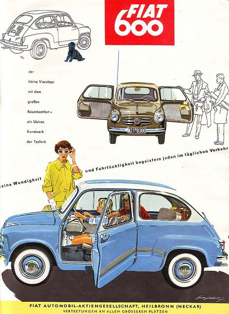 Fiat 600 ("Seicento") Magazine Ad / Zeitungsanzeige, AMS 1955 | by Georg Sander Fiat 500 Pop, Fiat 500c, Vintage Auto's, Auto Vintage, Fiat Cars, Car Catalog, Fiat 600, Fiat Chrysler Automobiles, Fiat Abarth