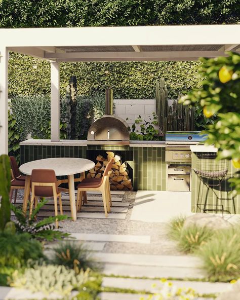 Garrett Reger (@reger_regenerative) • Instagram photos and videos Midcentury Modern Outdoor Kitchen, Simple Outdoor Grilling Area Patio Ideas, Tiled Outdoor Kitchen, Sketchup Architecture, Dream Outdoor Kitchen, Alfresco Designs, Backyard Renovations, Backyard Kitchen, Backyard Inspiration