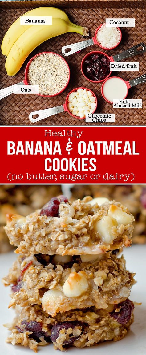 Make these amazing and healthy Banana Oatmeal Cookies (no butter sugar flour or dairy- unless you add it in.) Banana Recipes No Sugar, Oatmeal Cookies No Butter, Banana And Oatmeal Cookies, Oatmeal Cookies No Sugar, Healthy Banana Oatmeal Cookies, Healthy Oat Cookies, Banana Oatmeal Cookies Healthy, Oatmeal Applesauce Cookies, Banana Cookies Healthy