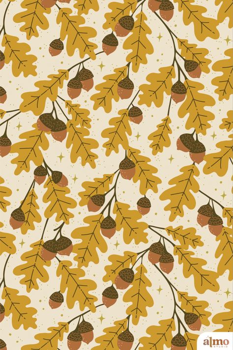 Acorn, oak, leaf, nature, fall, autumn, woodland, forest, trail, cozy, brown, mustard, yellow seamless repeating pattern, tree, leaves, design, illustration, vector, art licensing, products, surface design Fall Leaves Design, Patterns Nature, Forest Prints, Acorn Tree, Cozy Pattern, Licensing Art, Fall Pattern Design, Forest Illustrations, Patterns Illustration