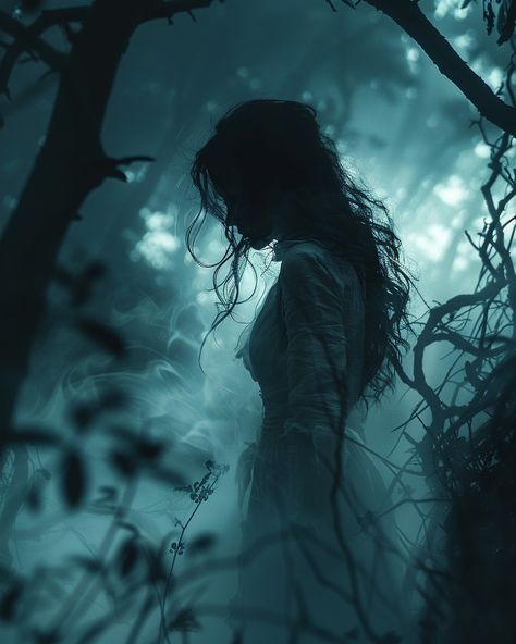 Be careful in the woods at night, there's a banshee on the prowl. 👻⁠ ⁠ ⁠ ⁠a ghostly woman in white, standing amidst foggy woods at night. She has long hair and is wearing an old dress with tattered layers that billow around her a she floats above the ground. Her face seems to be made of mist or shadows and her mouth is too large as she screams. The background features gnarled trees and dark foliage, adding depth. A faint light from behind illuminated part of her body. --ar 4:5 --s 550 --v 6.0... Female Ghost Aesthetic, Eyes In The Forest, Outside Looking In, Landscapes With People, Dark Silhouette Aesthetic, Dark Dream Aesthetic, Shadow Woman Art, The Witch Into The Woods, Dark Sleeping Beauty