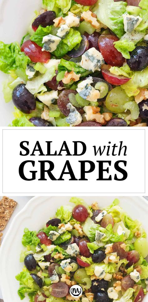 This easy salad with grapes is fresh, crispy, it's a delicious combinations of flavors and textures. Lettuce, grapes, blue cheese, walnuts and the light vinaigrette make the perfect holiday salad! #grapesalad #saladwithgrapes #saladrecipes #saladideas Grape Tomato Salad, Cheese Salad Recipes, Grape Salad Recipe, Salad With Grapes, Holiday Salad, Spring Salad Recipes, Blue Cheese Salad, Grape Recipes, Grape Salad