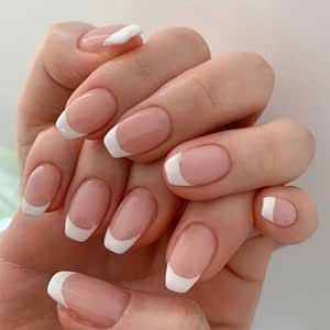 Short Press on Nails Coffin White French Tip Fake Nails Full Cover Nude Acrylic Nails Press ons Reusable Glue on Nails for Women Daily Wear 24 Pcs Nail Art French, White French Nails, Short Press On Nails, White French Tip, Nagel Tips, Easy Nails, French Nail Art, Short Square Nails, Fake Nails With Glue