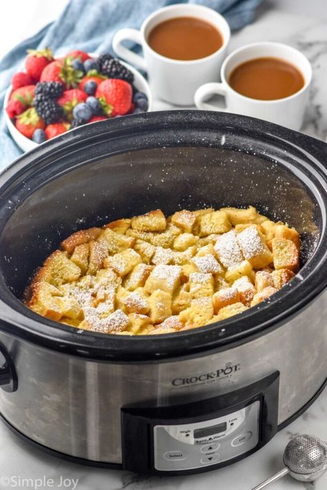 Easy Crockpot French Toast (10 Minutes Hands On Time) - Simple Joy Easy Brunch Ideas, Bagel French Toast, Vanilla French Toast, Crockpot French Toast, Sourdough French Toast, French Toast Bake Overnight, Croissant French Toast, French Toast Bites, Slow Cooker Breakfast Casserole