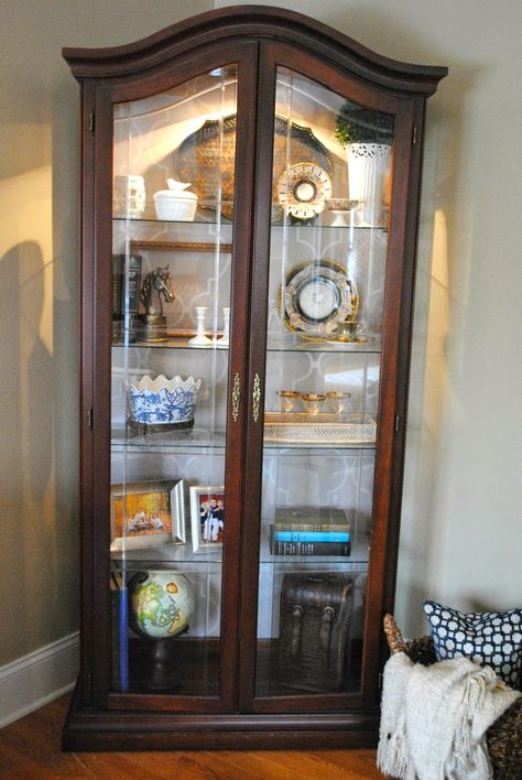 Built In Curio Cabinet Display, Update A Curio Cabinet, Decorating Curio Cabinet Ideas, Curio Cabinet Makeover Display, How To Style Curio Cabinet, Style A Curio Cabinet, Painted Curio Cabinet Ideas Farmhouse, Curio Cabinet To Liquor Cabinet, Blue Curio Cabinet