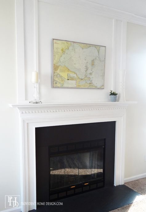 How to Add Woodwork Trim Above a Fireplace Mantel - Provident Home Design featured on @Remodelaholic Adding Trim To Fireplace Mantle, Fireplace Bricks, Mantle Makeover, Homey Touches, Inexpensive Kitchen Remodel, Above Fireplace, Fireplace Update, Basement Remodel Diy, Black Fireplace