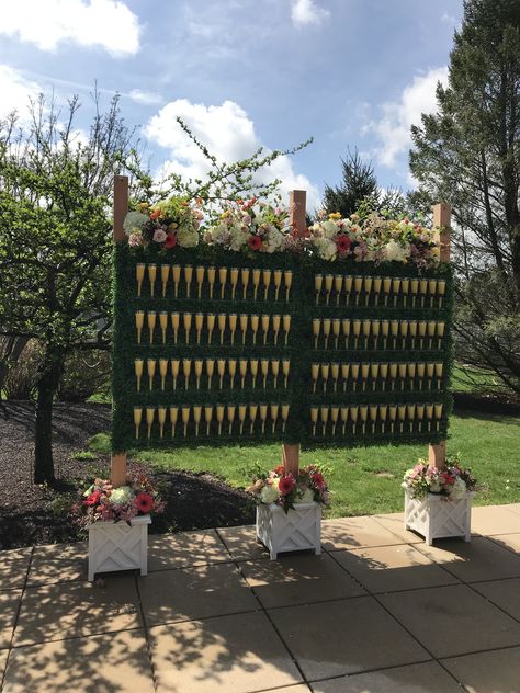 Mimosa wall. Wow your next brunch crowd Mimosa Wall, Brunch Baby Shower Ideas, Brunch Crowd, Bars Design, Drink Wall, Champagne Wall, Baby Shower Brunch, Welcome Drink, Wedding Flower Decorations