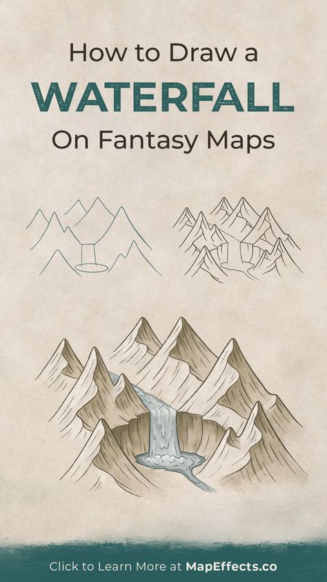 How to Draw a Waterfall on Your Fantasy Maps - Map Effects Tutorial - For Your Next RPG Campaign or Novel Fantasy Map Waterfall, Fantasy Map Doodles, Draw Fantasy Map, Rice Map, Draw A Waterfall, Fantasy Map Drawing, Map Drawing Ideas, Fantasy Map Drawing Ideas, Map Effects