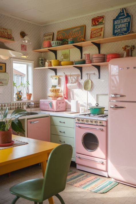 kitschy kitchen decor Quirky Small Kitchens, Funky Kitchen Decor, Kitschy Aesthetic, 1950’s Kitchen, Kitchen Eclectic, Kitschy Kitchen Decor, Funky Kitchen, Whimsical Kitchen, Kitchen Cottage