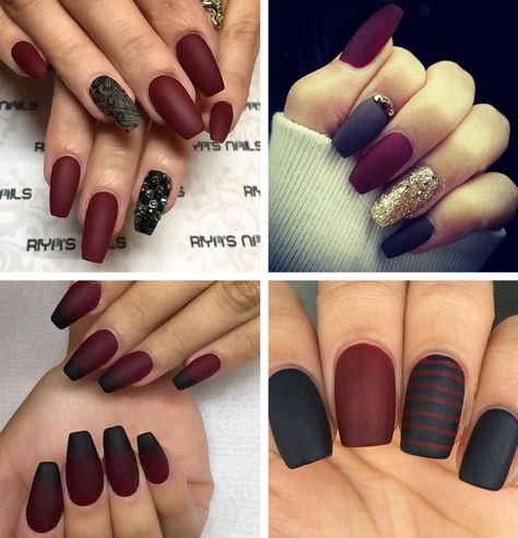 Burgundy Nails: 45 Nail Designs for Different Shapes & Shopping Ideas Fall Nails 2023 Burgundy, Black And Burgundy Nails Ideas, Burgundy Nails With Black Design, Burgundy And Black Nails Acrylic, Matte Burgundy Nails Coffin, Navy And Burgundy Nails, Matte Maroon Nails Burgundy, Dark Red Nail Designs Burgundy, Burgundy And Black Nail Designs