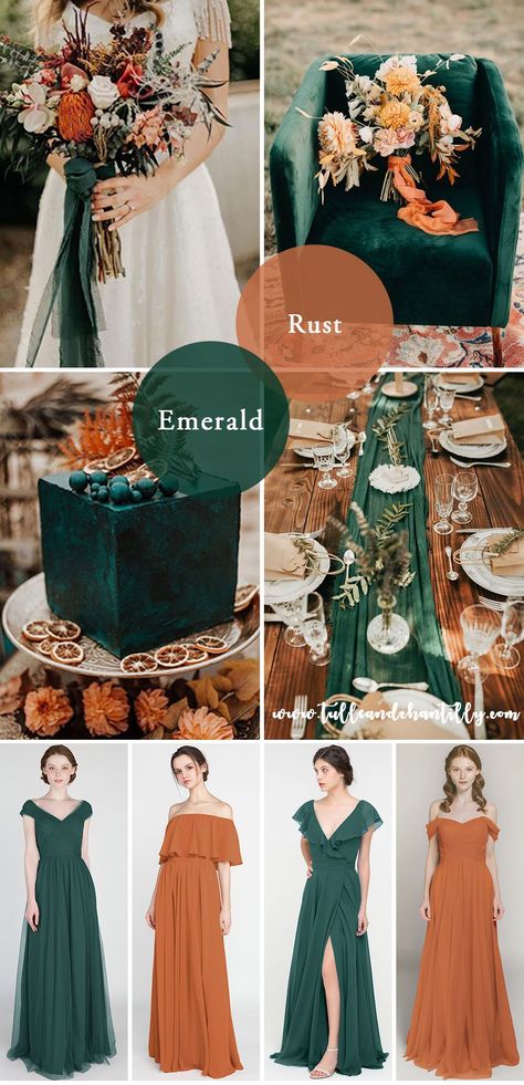 Fall and Winter Elegance: Embracing Deep Tones in Tulle Bridesmaid Dresses - Tulle & Chantilly Wedding Blog Rust Burgundy Emerald Wedding, Green Rust Wedding Theme, Emerald Green And Rustic Orange Wedding, Green Gold Terracotta Wedding, Rust Color Bridesmaids Dresses, Emerald Fall Wedding Colors, Wedding Colors Emerald Green And Gold, Pine Wedding Color, Emerald Orange Wedding