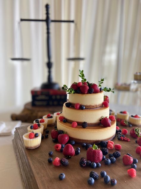 Diy Wedding Cheesecake, Cheesecake For Grooms Cake, Stacked Cheesecake Wedding, Cheesecake Tier Cake, Fall Cheesecake Wedding Cake, Wedding Cakes That Aren't Cakes, Cheesecake For Wedding Cake, Simple Wedding Cheesecake, 3 Tier Cheesecake