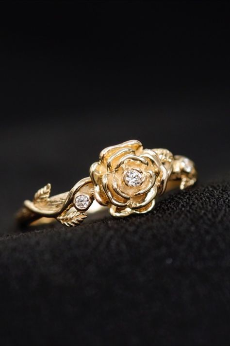 Rose Flower Ring with Moissanite, Art Nouveau Flower Ring, Flower Gift Anniversary, Gold Elegant Flower Engagement Ring, Dainty Ring Promise Rose Wedding Ring, Rose Wedding Rings, Rose Flower Ring, Flower Wedding Ring, Unique Gold Jewelry Designs, Engagement Ring Dainty, White Veil, Flower Engagement, Art Nouveau Flowers