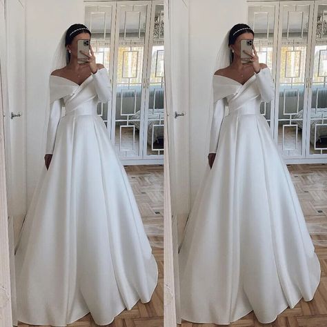 Simple Satin Wedding Dresses Long Sleeves Off Shoulder Full Length Bridal Gowns | eBay Wedding Dresses Long Sleeve A Line, Wedding Dresses Long Sleeve Satin, Over Shoulder Wedding Dress, Full Sleeve A Line Wedding Dress, Wedding Dress Long Sleeve Off Shoulder, Wedding Dress Satin Off The Shoulder, Winter Wedding Dress Satin, Off White Satin Wedding Dress, Wedding Dresses Simple With Sleeves