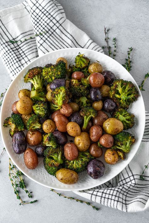 Roasted Potatoes And Broccoli, Roasted Mini Potatoes, Crispy Broccoli, Roasted Beets And Carrots, Healthy Thanksgiving Sides, Potatoes And Broccoli, Roasted Fall Vegetables, Thanksgiving Side Dishes Healthy, Herb Roasted Potatoes